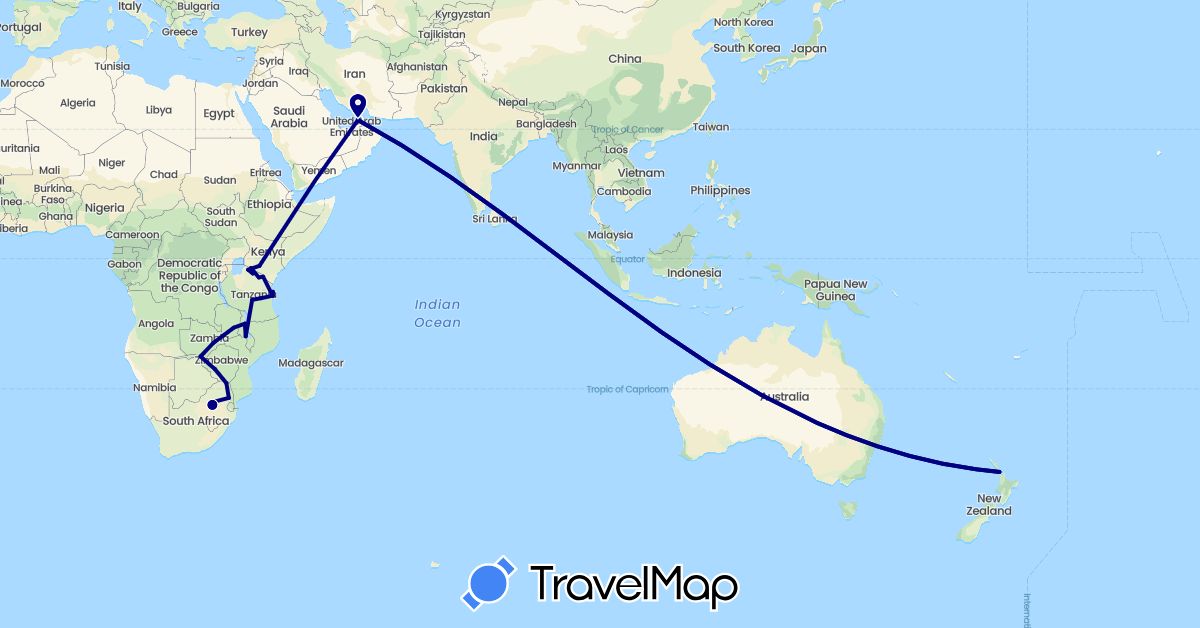 TravelMap itinerary: driving in United Arab Emirates, Kenya, Malawi, New Zealand, Tanzania, South Africa, Zambia, Zimbabwe (Africa, Asia, Oceania)